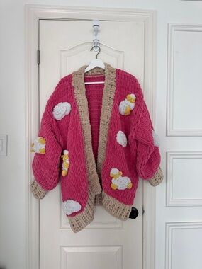 Handmade Pink Chunky Knit Cardigan with Cream Trim